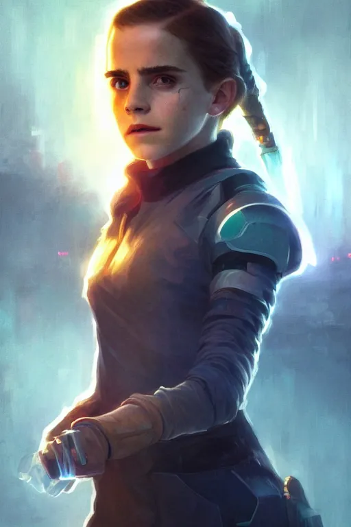 Image similar to portrait of cyborg Emma Watson as Hermione Granger in cyberpunk, neon lighting, night city, digital art from artstation by Ruan Jia and Mandy Jurgens and Artgerm and william-adolphe bouguereau and Greg Rutkowski and Wayne Barlowe