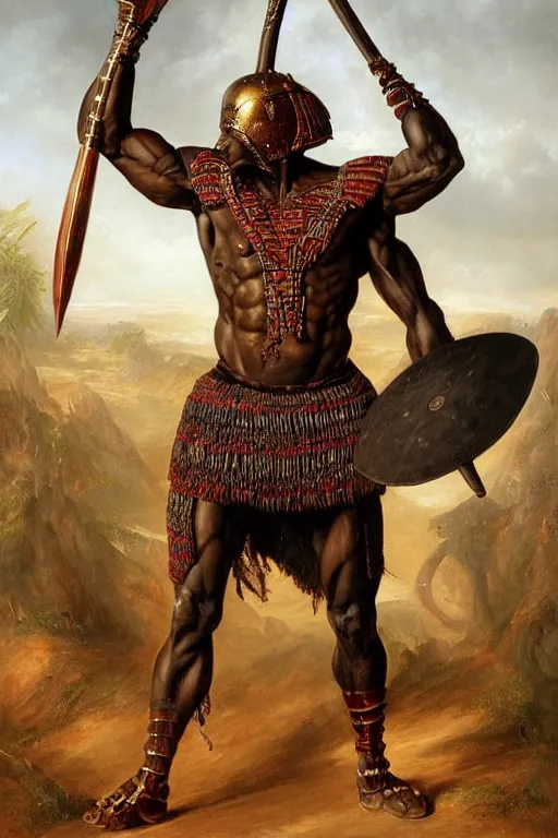 Image similar to a powerful and muscular male african warrior, tribal armour, realistic oil painting by Thomas Cole and Wayne Barlowe