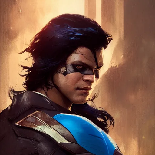 Prompt: portrait of Nightwing, amazing splashscreen artwork, splash art, head slightly tilted, natural light, elegant, intricate, fantasy, atmospheric lighting, cinematic, matte painting, by Greg rutkowski