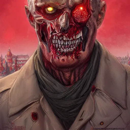 Image similar to zombie Putin in Red Square, fantasy, intricate, highly detailed, digital painting, artstation, concept art, smooth, sharp focus, illustration, art by artgerm and greg rutkowski and alphonse mucha