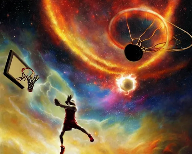 Image similar to cosmic basketball player dunking a basketball hoop in a nebula, an oil painting, by ( leonardo da vinci ) and greg rutkowski and rafal olbinski ross tran award - winning magazine cover