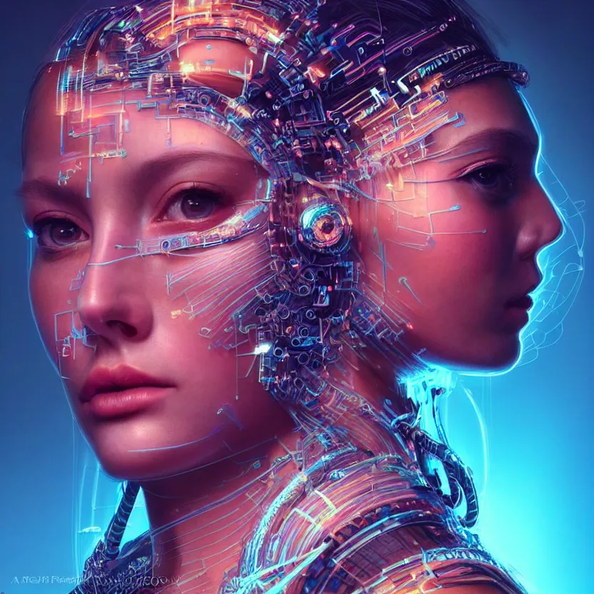 Prompt: a highly detailed long shot photo of very intricate female face portrait, futurism, rococo cyber neon lighting, detailed futuristic fibonacci jewelry, profile posing, hyper photorealistic, crispy quality, digital photography, trending in pinterest, cinematic, 4 k ultra hd, art by pascal blanche, art by greg rutkowski, art by artgerm,