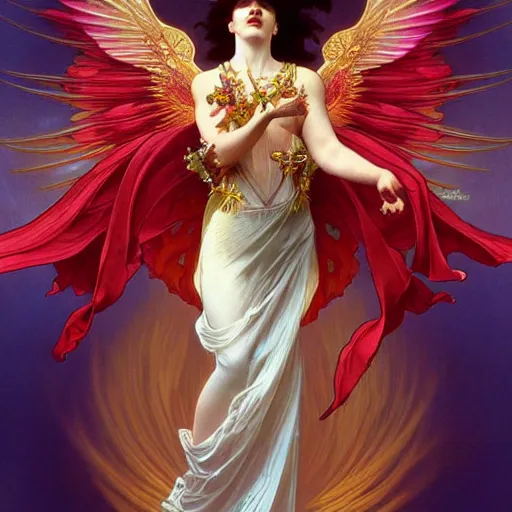 Image similar to a beautiful orchid phoenix angel woman, in an ornamented dress with large wings, volumetric light, god rays, 8 k high resolution, rubies, by alphonse mucha, artgerm, greg rutkowski