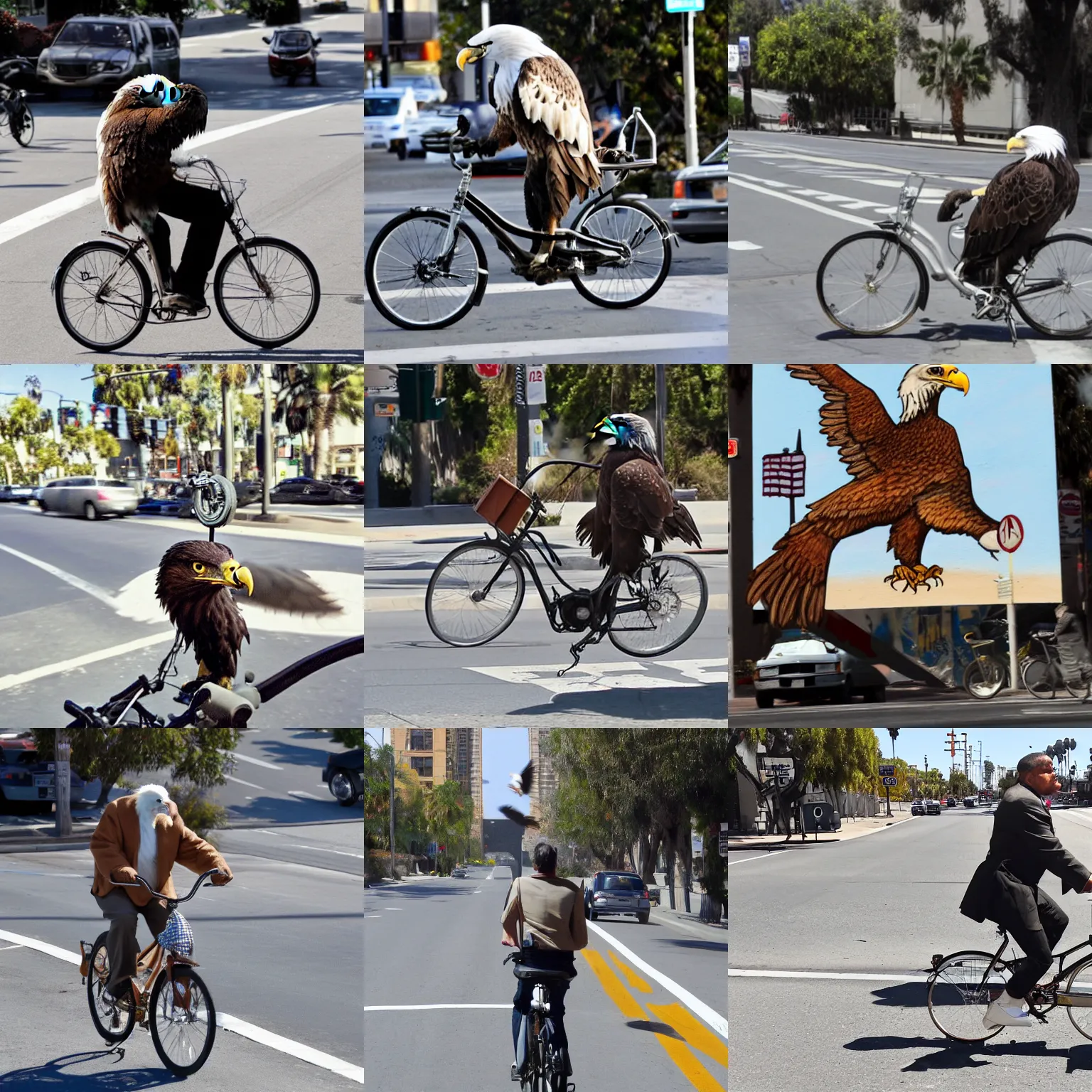 Prompt: an eagle riding a bicycle in the streets of la, smoking a cigar