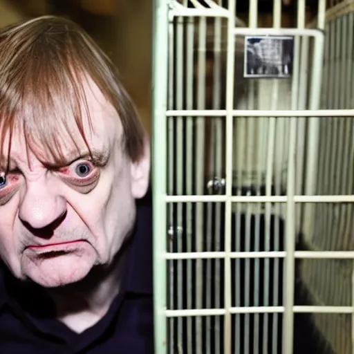 Prompt: mark e smith in a small cage at the pet store, the cage has for sale tag, 4 k