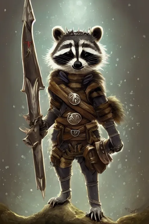 Image similar to cute anthropomorphic Raccoon knight wearing a cape and a crown and holding a sniper, tiny, small, short, pale blue armor, cute and adorable, pretty, beautiful, DnD character art portrait, matte fantasy painting, DeviantArt Artstation, by Jason Felix by Steve Argyle by Tyler Jacobson by Peter Mohrbacher, cinematic lighting