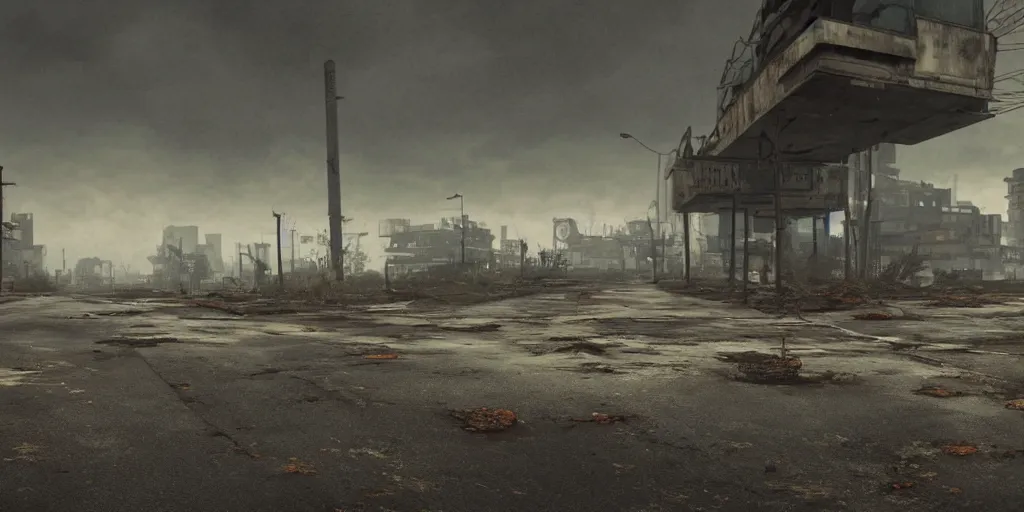 Image similar to wide angle shot of dilapidated fallout 5 tropical coastal city in real life, desolate, dilapidated, empty streets, nightmarish, some rusted retro futuristic fallout vintage style parked cars, overcast, blankets of fog pockets, rain, volumetric lighting, beautiful, daytime, autumn, sharp focus, ultra detailed, cgsociety