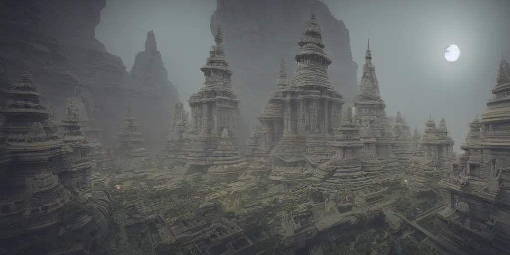 Prompt: futuristic sci fi cult temple made out of hindu temples flying in sky, foggy sky, around photorealism, unreal engine, 8 k, volumetric lighting, beeple style