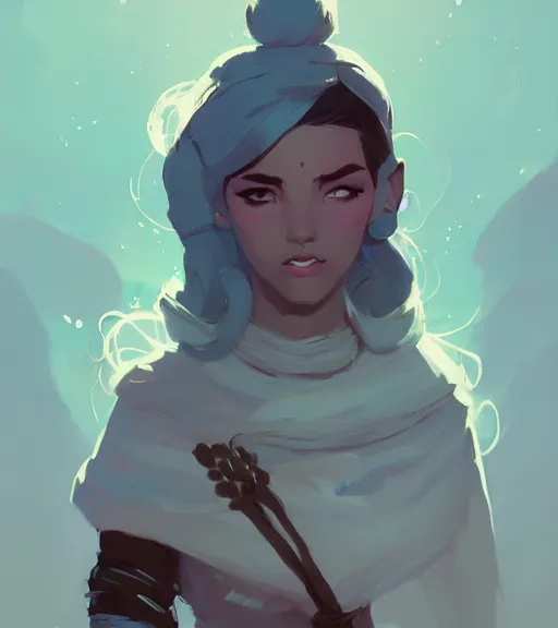 Image similar to portrait princess working as a healer, dnd character, by atey ghailan, by greg rutkowski, by greg tocchini, by james gilleard, by joe fenton, by kaethe butcher, dynamic lighting, gradient light blue, brown, blonde cream and white color scheme, grunge aesthetic