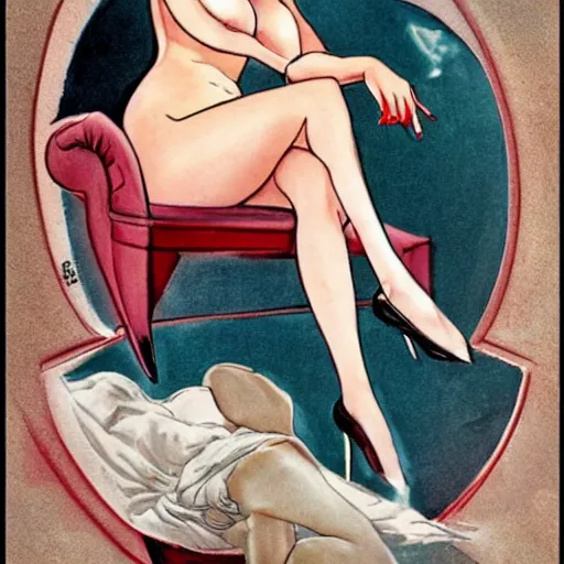 Prompt: a pin up sitting on a stylized half moon, by milo manara