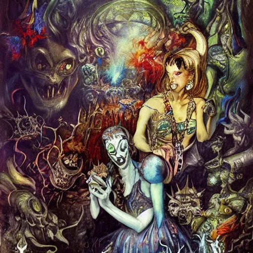 Image similar to princes of hell in alice in wonderland tripping on ayahuasca with faces in the background, intricate detail, painting, royo, frazetta, whealan,