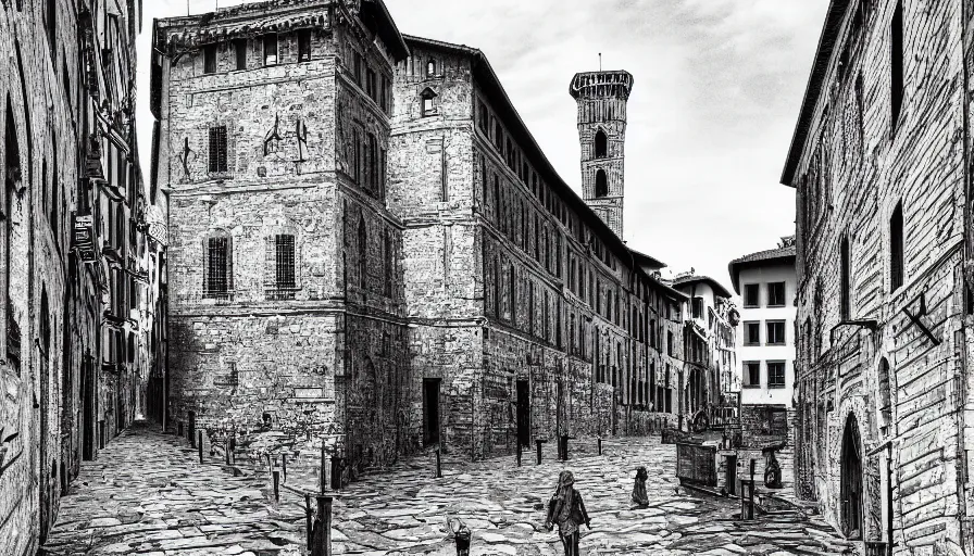 Image similar to florence old street in 1 6 th century with a tower in background, line art, black and white, dramatic lighting, cinematic composition, concept art