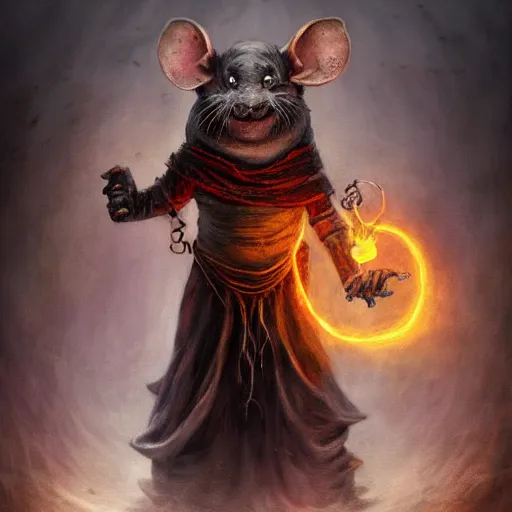 Prompt: fantasy painting of a ghostly rat sorcerer with glowing red eyes, wearing tattered black burlap robes, floating in mist, clutching a blue flame in each hand, anthropomorphic rat, skaven, master splinter, nicodemus, photorealistic, artstation