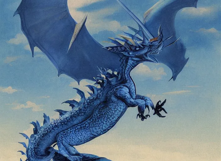 Prompt: giant old blue dragon with saddle in the sky artwork by sanjulian