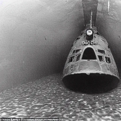 Prompt: Interior of a sinking Soviet submarine, shadowy creature lurking in the shadows with a grin, thalassophobia, claustrophobic, terror, cramped, archival footage