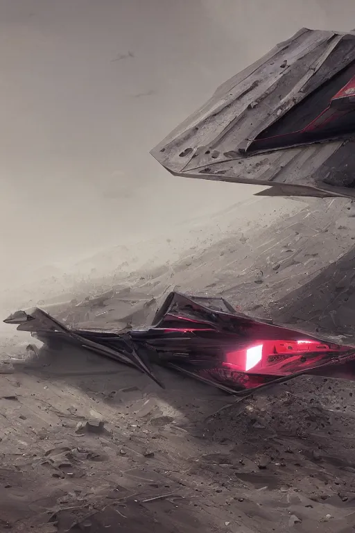 Image similar to professional photograph of a crashed neo - futuristic simplified symmetrical stealth fighter by ilm, denis villeneuve, emmanuel shiu, zaha hadid, dust, vapor, cinematic desert scene, red paint detail, manga, dramatic, volumetric, concept art, hard surface, hyperrealism, high detail, trending on artstation, sharp focus, rendered in octane