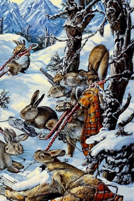 Image similar to rabbits with chainsaws on the snowy mountains. realist. high detail