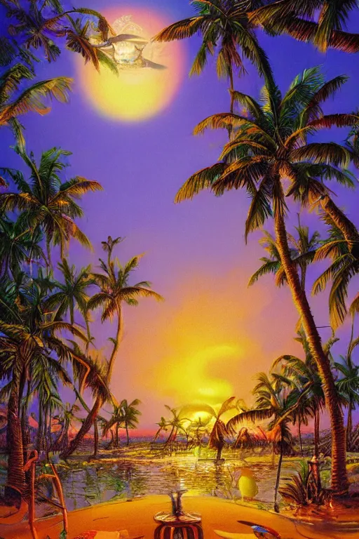 Image similar to a tropical paradise beach filled with palm trees and exotic flowers at sunset by paul lehr, detailed line drawing, intricate, hd, digital art, complementing colors, detailed, illustration painting by alex gray, digital art, moebius