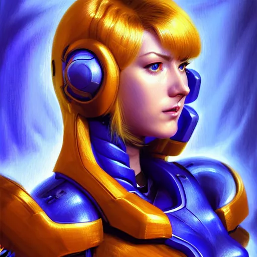 Image similar to head and shoulders portrait of Zero suit Samus as League of Legends character, digital illustration portrait, dark fantasy, medium shot, intricate, elegant, highly detailed, digital painting, volumetric light, artstation, concept art, smooth, sharp focus, illustration, armor by Donato Giancola, face by Gil Elvgren, paintstrokes by Greg Manchess, background by Alphonse Mucha