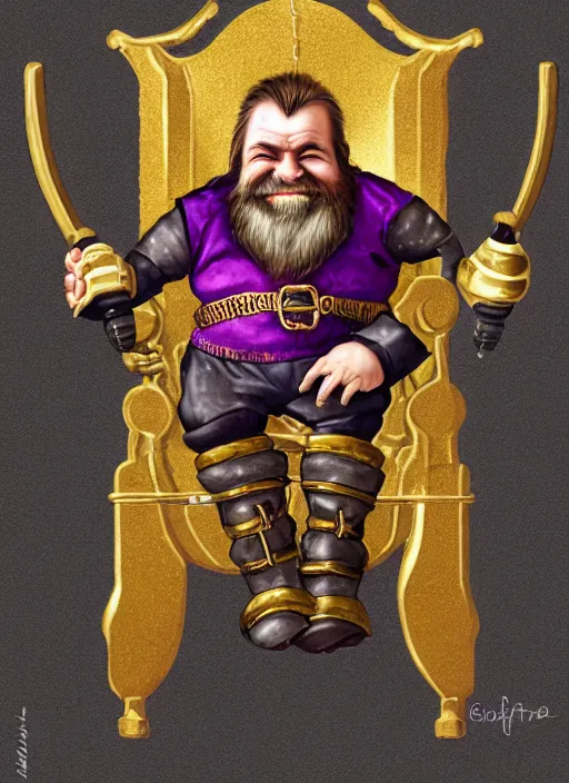 Image similar to dwarf fighter sitting in mechanical chair that has spider legs, gold and purple, exquisite details, black beard, white background, by studio muti