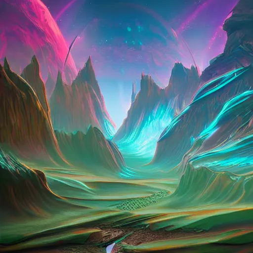Image similar to a visonary art psychedelic landscape of an alien crystalline kingdom, by erial ali, artstation trending, cgsociety