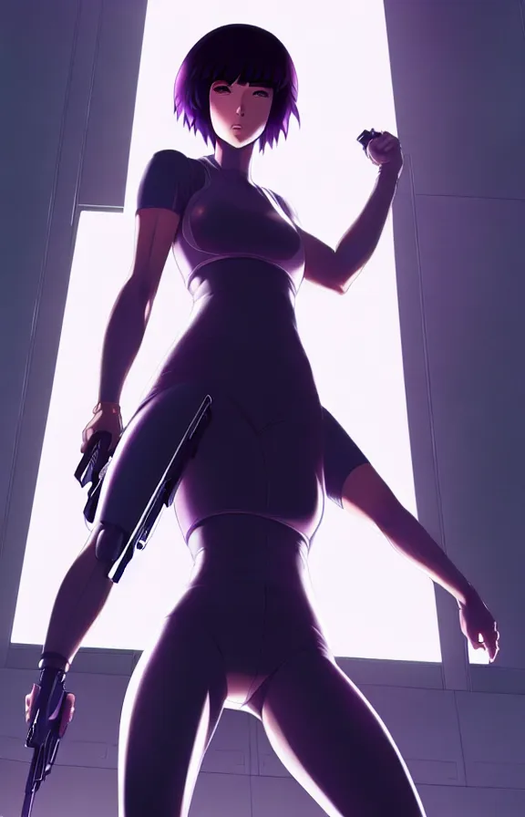 Image similar to a fullbody portrait of motoko kusanagi the major ghost in the shell : : stand alone complex, under repairs, maintenance : : by ilya kuvshinov, rossdraws, artgerm, sola digital arts, anti aliasing, raytracing : :