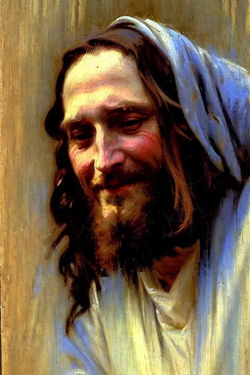 Prompt: impressionist brushstrokes!!!!!!!!! solomon joseph solomon and richard schmid and jeremy lipking victorian loose genre loose painting full length portrait painting of jesus with a slight smile happy inviting