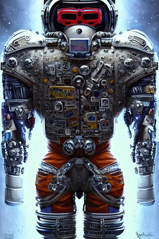 Image similar to a portrait of a muscular anthropomorphic cyberpunk monkey in spacesuit armor with ensignia on chest plate by sandra chevrier, by jon foster, detailed render, post - processing, extremely hyperdetailed, intricate, epic composition, cybernetics, 4 k realistic, cryengine, realistic shaded lighting, sharp focus, masterpiece, by enki bilal