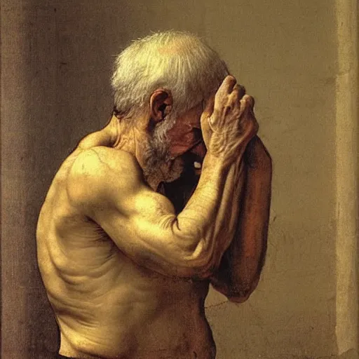 Prompt: Cain as an old man regretting what he did to his brother so many years ago,medium shot, by Leonardo DaVinci