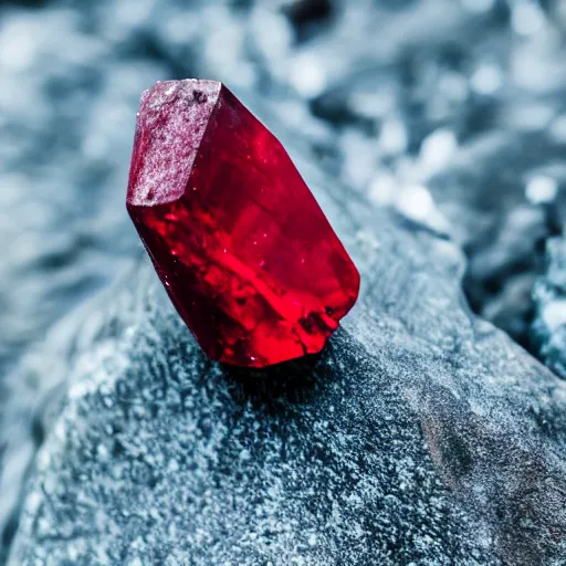 Prompt: a deep red crystal on a rock