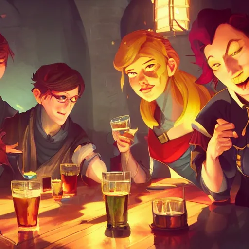 Image similar to a party of d & d characters drinking in a tavern, ambient lighting, 4 k, lois van baarle, ilya kuvshinov, rossdraws, erol otus, artstation