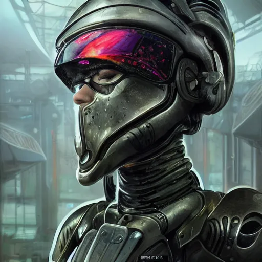 Prompt: Futuristic female soldier with open helmet in armour, machine city background with alien plants, upper body portrait, highly detailed, fractals, ornate, cinematic, 8k, by Stanley Artgermm, Tom Bagshaw, Greg Rutkowski, Carne Griffiths, Ayami Kojima, trending on DeviantArt, hyper detailed, full of color, digital art,