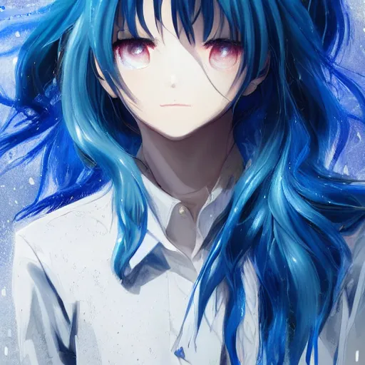 Image similar to side profile of rimuru tempest with sky blue hair, long hair, sharp face, gold eyes, high collar, black jacket | shiny, highly detailed, rain, professional digital painting, concept art, award - winning photography, cinematic, wlop | art by pixiv art, yoshitaka amano, junki ito