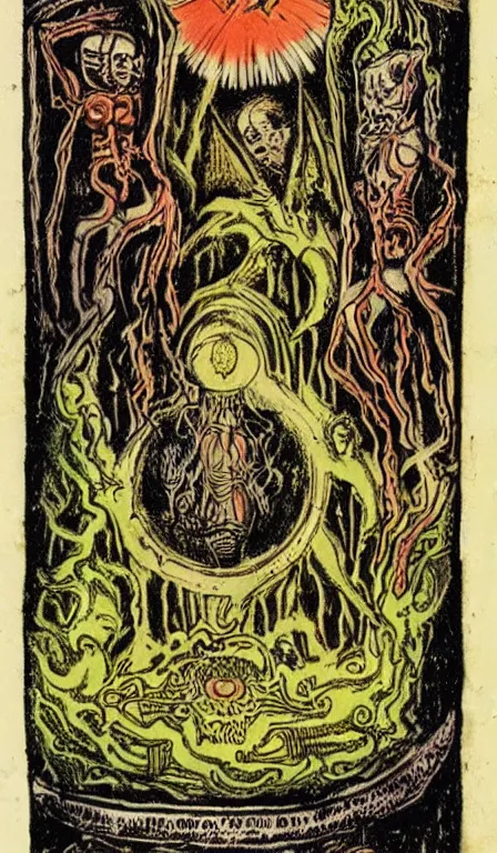 Prompt: full - color 1 5 0 0 s tarot - card illustrated in the style of clive barker depicting scenes of death and torment in the underworld. highly - detailed ; mystical ; horror.