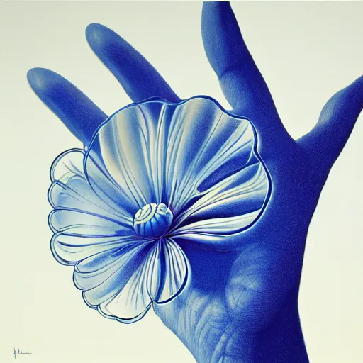 Image similar to close - up of a woman's hand holding a transparent flower, blue sky art by peter lloyd, 1 9 8 0's art, airbrush style, art by hajime sorayama,, intricate, elegant, sharp focus, illustration, highly detailed, h 8 0 0