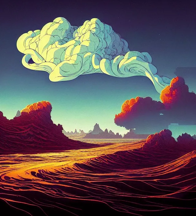 Prompt: a 🌊 swirling in the sky above a barren 🏜 by ivan shishkin and zacharias aagaard and simon stalenhag and dan mumford, chiaroscuro, hyper detailed, high saturation, retrowave