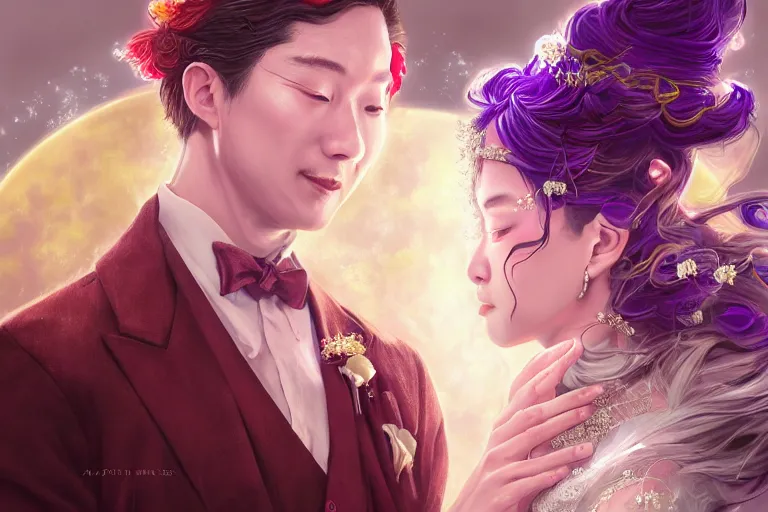 Image similar to a cinematic portrait of wedding photograph jpeg close up moment of a divine a japan sun god and moon goddess lovers magician at a wedding banquet. portraiture. digital painting. artstation. concept art. fantasy wedding photo. digital painting, 8 k realistic, hyper detailed, violet evergarden art masterpiece by art by krenz cushart