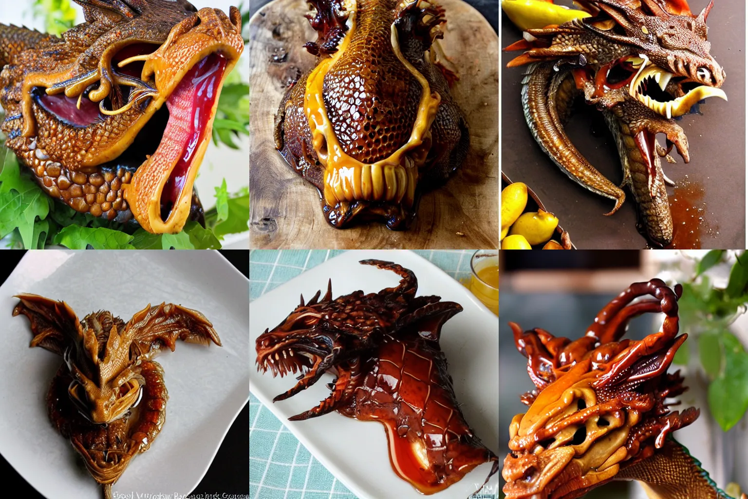 Prompt: delicious honey roasted whole dragon head, food blog photo