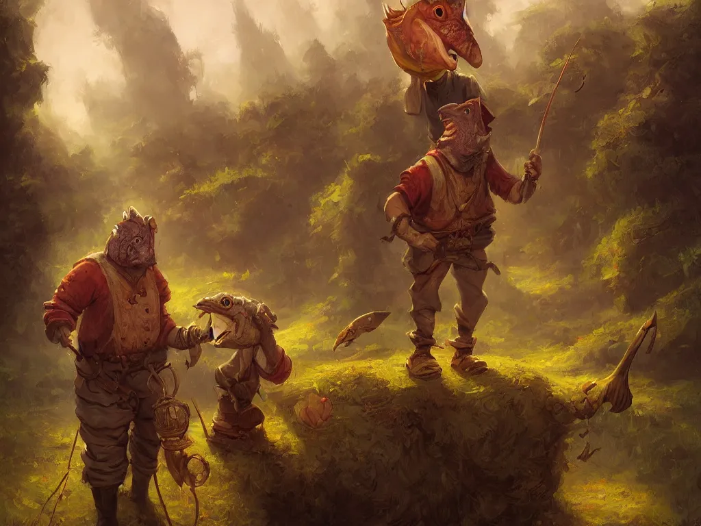 Prompt: man with fish head wearing farm clothes by andreas rocha, by justin gerard, by anato finnstark