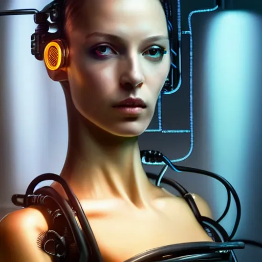 Prompt: Perfectly-Centered Portrait-Photograph of Mechanical Cyberpunk Female Android with Torso made out of wires, upper torso, upper body, intricate, elegant, super highly detailed, professional digital painting, artstation, concept art, smooth, sharp focus, no blur, no dof, extreme illustration, Unreal Engine 5, Photorealism, HD quality, 8k resolution, cinema 4d, 3D, beautiful, cinematic, art by artgerm and greg rutkowski and alphonse mucha and loish and WLOP