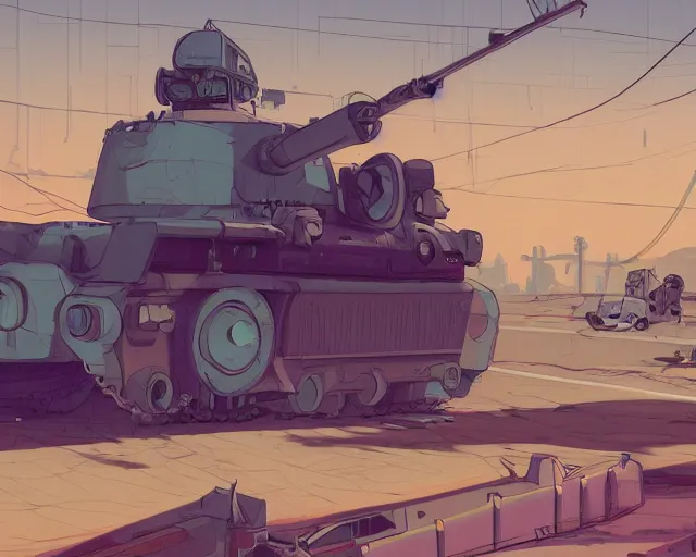 Image similar to a study of cell shaded cartoon tank with a giant camera on it on a desert road, street lamps, road, illustration, wide shot, subtle colors, post grunge, concept art by josan gonzales and wlop, by james jean, victo ngai, highly detailed, sharp focus, trending on artstation, hq, deviantart, art by artgem