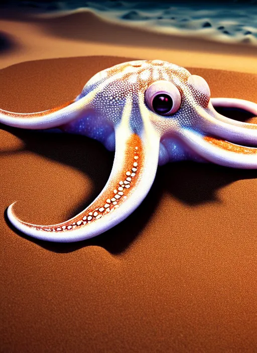 Image similar to realistic detailed image of a white-spotted octopus sand-writing a list of names at night, cinematic, hyper realism, high detail, octane render, unreal engine, 8k, extremely detailed, 8k.