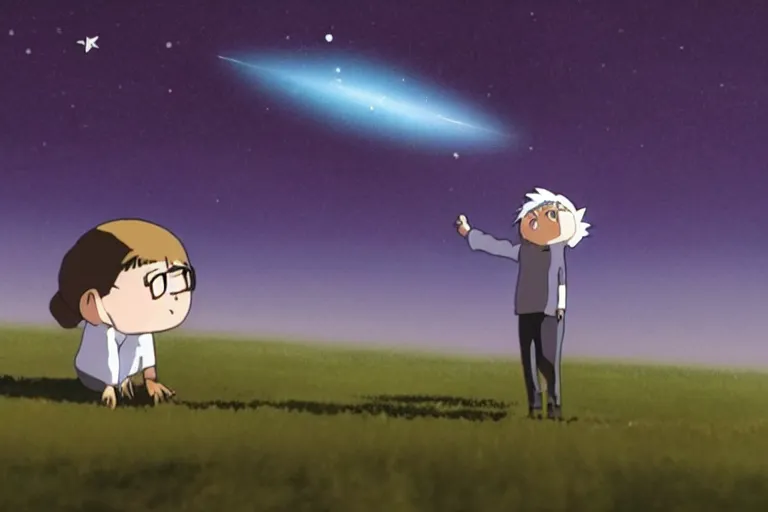 Image similar to a shooting star alone in the sky of an unknown universe in the style of hayao miyazaki