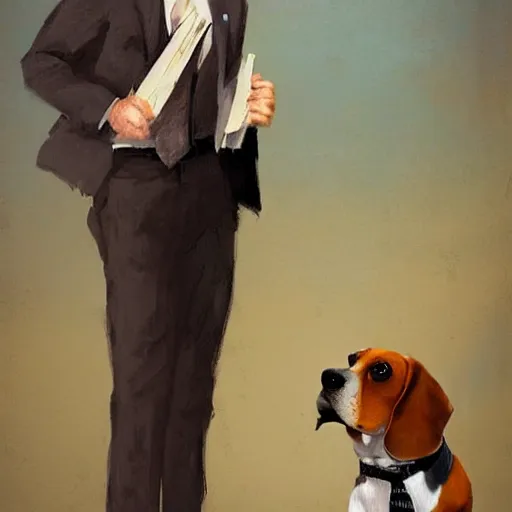 Image similar to a beagle wearing a business suit and fedora, greg rutkowski