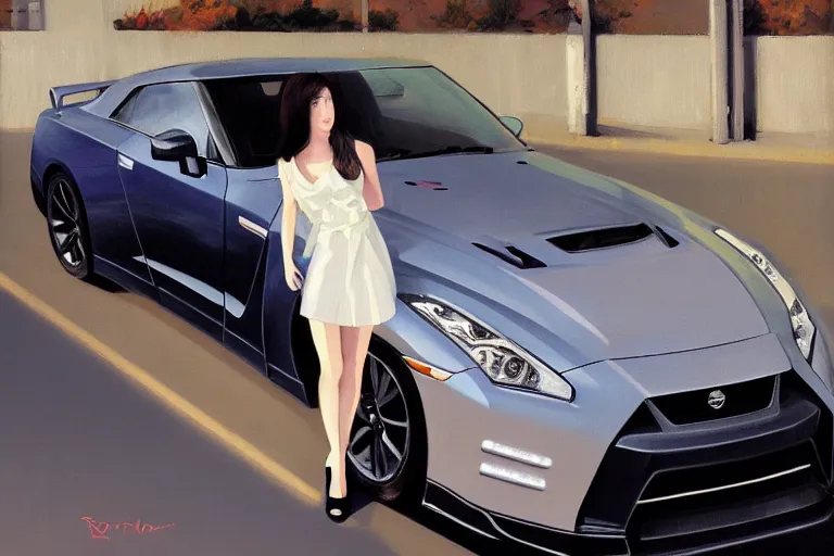 Image similar to A ultradetailed beautiful panting of a stylish girl standing in front of a Nissan GTR, Oil painting, by Ilya Kuvshinov, Greg Rutkowski and Makoto Shinkai