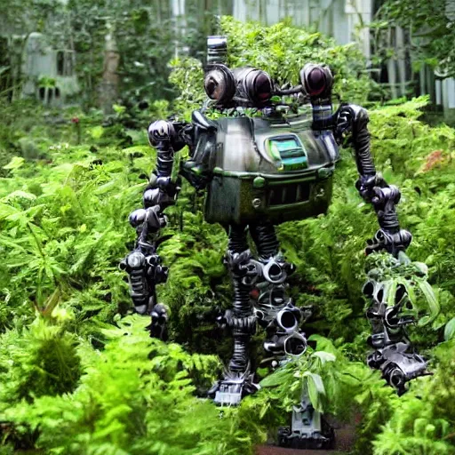 Image similar to over grown mech robot being consumed by plants and the earth