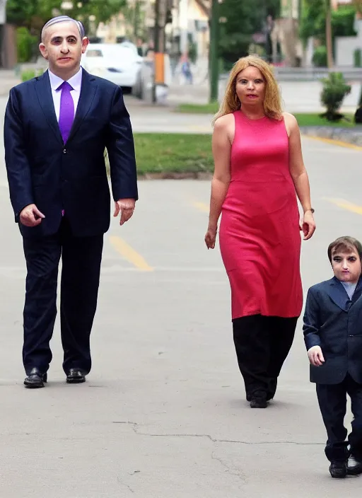 Prompt: midget benjamin netanyahu walking next to giant sarah netanyahu