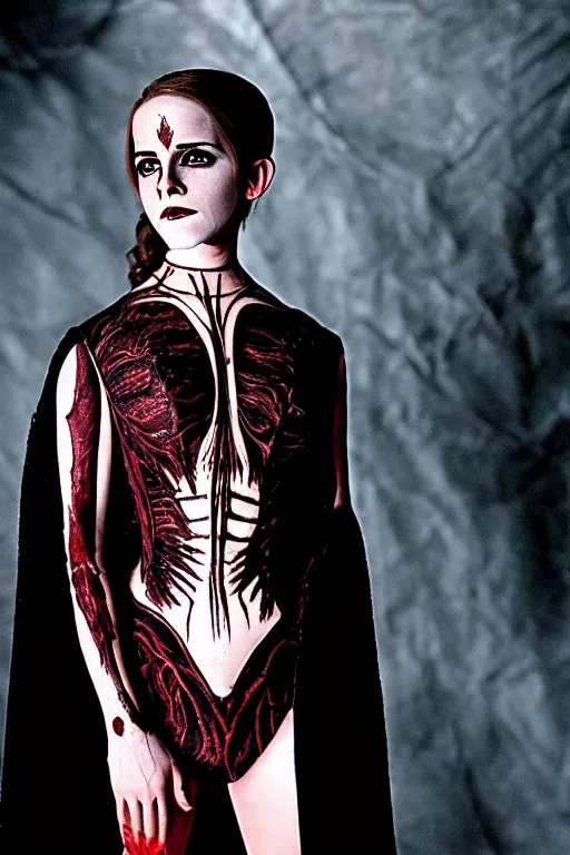 Prompt: dressed emma watson, a sinister demonic queen of cenobites, symmetrical, cinematic, elegant, demonic atmosphere, professional studio light, real dlsr photography, sharp focus, costume made by clive barker, real rotten flesh, blood and bones, 4 k, ultra hd, sense of awe