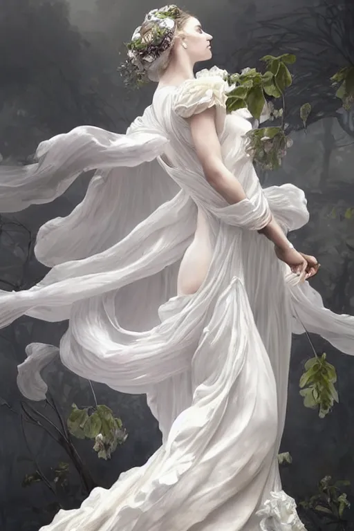 Prompt: beautiful woman dressed in a vaporous wrapped large victorian white roses silk semi-transparent dress fashion is running, D&D, fantasy, intricate, elegant, highly detailed, digital painting, trending on artstation, concept art, matte, sharp focus, illustration, art by Artgerm and Greg Rutkowski and Alphonse Mucha, instagram model