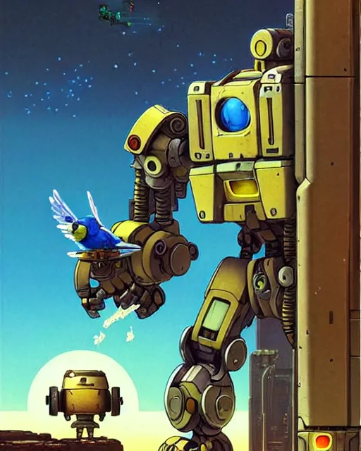 Image similar to bastion the friendly robot from overwatch, with his pet bird, character portrait, portrait, close up, concept art, intricate details, highly detailed, vintage sci - fi poster, retro future, in the style of chris foss, rodger dean, moebius, michael whelan, katsuhiro otomo, and gustave dore